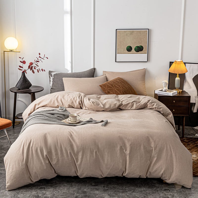 Janlive Washed Cotton Duvet Cover King Ultra Soft 100% Cotton Solid Color Khaki Duvet Cover Set with Zipper Closure -3 Pieces Khaki King - Image 1